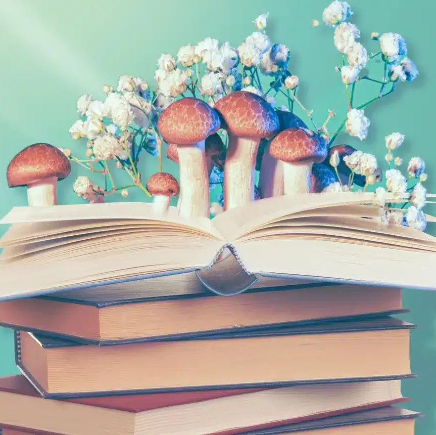 books about psychedelics with mushrooms and flowers growing out of them